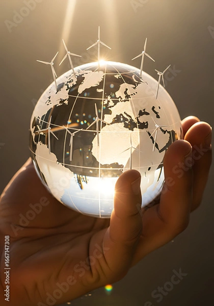 Fototapeta Hand holds a transparent globe with etched continents and miniature wind turbines on top, glowing with sunlight to symbolize global sustainability and clean energy.