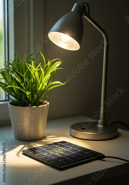 Fototapeta Desk lamp shines on a solar panel beside a potted plant, illustrating indoor energy generation using artificial light in a minimalist setup.
