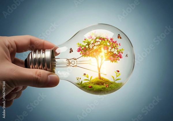 Fototapeta Hand holding a glowing light bulb containing a blooming pink tree, butterflies, and grass, symbolizing harmony between nature and innovation.
