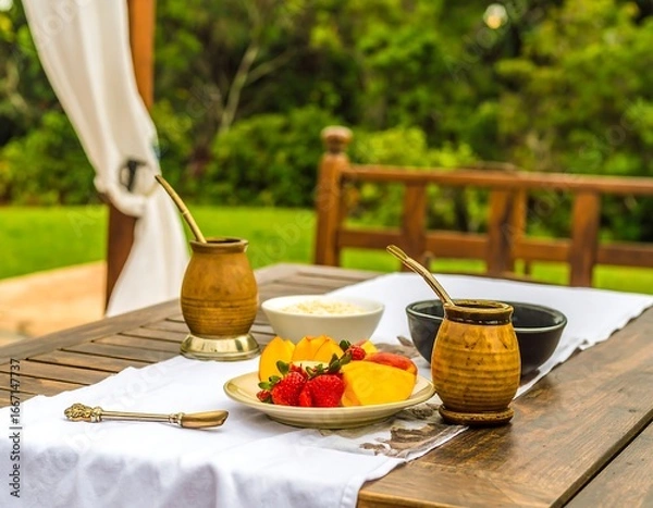 Fototapeta Outdoor breakfast setting with fruits and yerba mate
