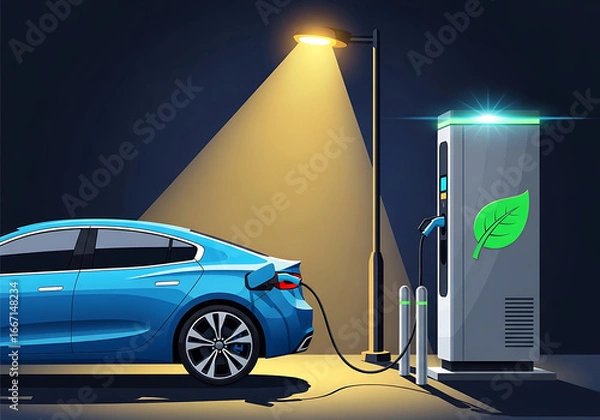 Fototapeta A stylized blue electric car charges at a modern charging station with a leaf logo under the warm glow of a street lamp, symbolizing eco-friendly transportation and future mobility.