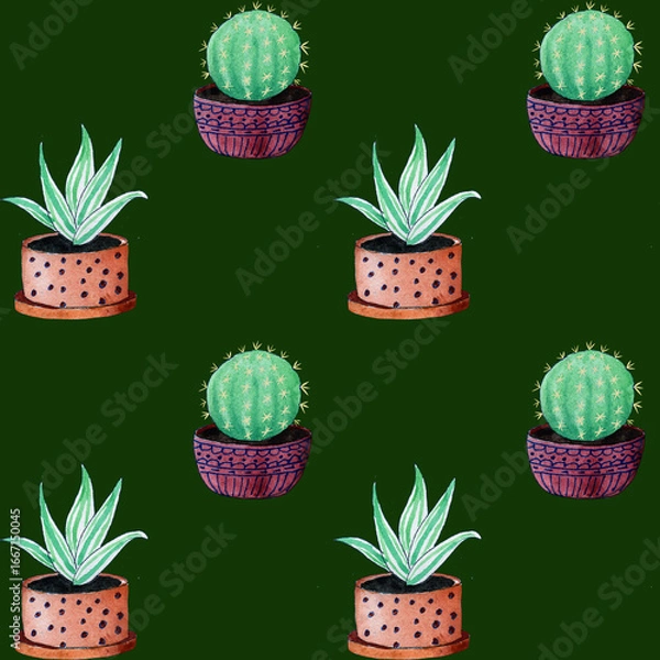 Fototapeta seamless pattern. Watercolor image of cacti on a green background for coloring fabrics, wallpaper, wrapping paper and much more.
