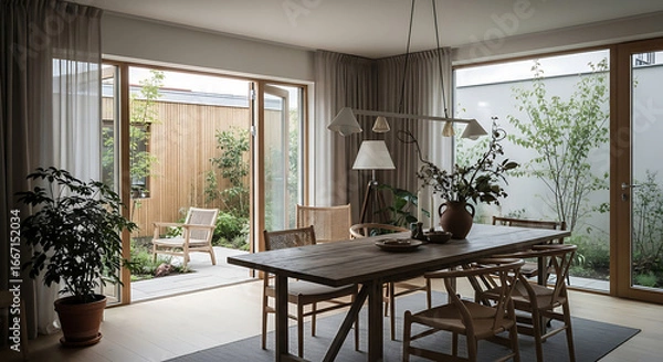 Fototapeta Dining room with wooden table chairs and view of garden through large windows and sliding glass doors ai generated