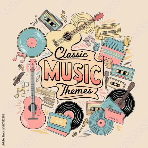 Fototapeta 2d vector illustration art  Retro music guitar with symbol and rock music with colorful  background, Summer t shirt 
