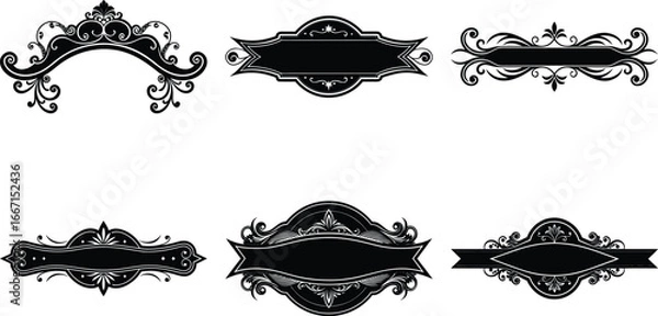 Obraz Vector art of assortment of six ornate black decorative frames and banners with intricate details and space for text