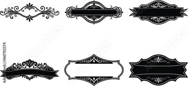 Fototapeta Vector art of set of six ornate vintage decorative frames and banners including luxury text