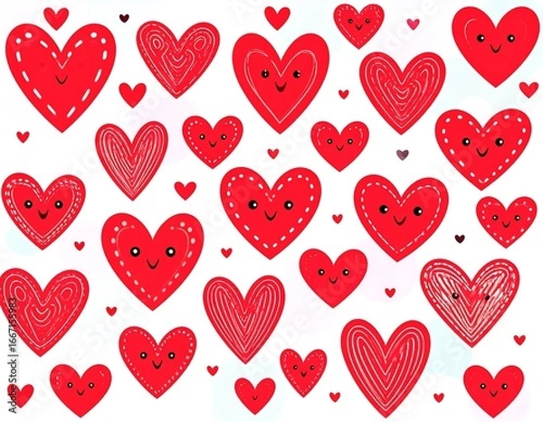 Fototapeta Cute red hearts with smiling faces