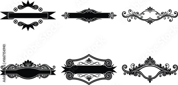 Obraz Vector art of set of six luxury vintage decorative elements including ornate dividers, banners, and frames with intricate scrollwork