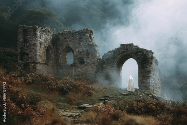 Fototapeta White ghost standing in foggy landscape near ancient ruins, creating a spooky and mysterious atmosphere