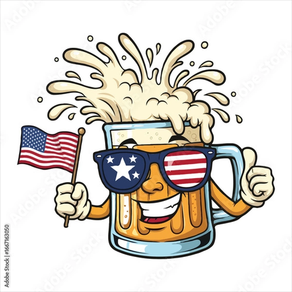 Fototapeta American beer character cheers with flag and sunglasses vector