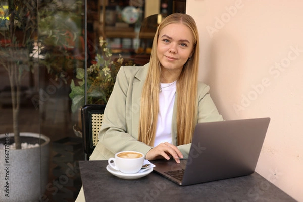 Obraz Modern Girl with laptop, tablet computer. Free creativity.