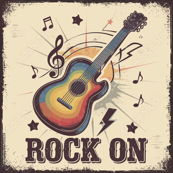 Fototapeta 2d vector illustration art  Retro music guitar with symbol and rock music with colorful  background, Summer t shirt 
