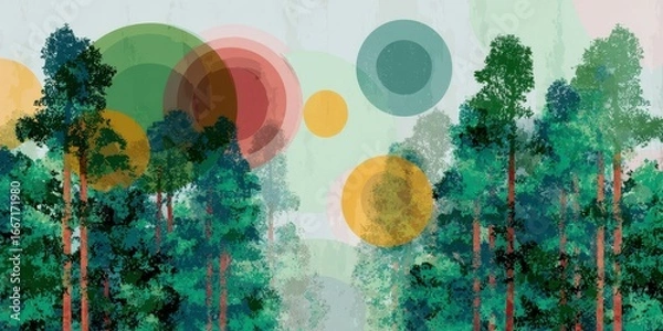 Obraz Abstract Forest Scene with Colorful Circles and Trees