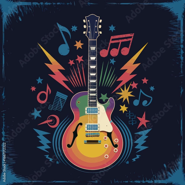 Fototapeta 2d vector illustration art  Retro music guitar with symbol and rock music with colorful  background, Summer t shirt 
