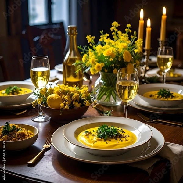 Fototapeta ​A beautiful dining table set for an intimate dinner, featuring a vibrant yellow soup, sparkling beverages, and bright floral arrangements.