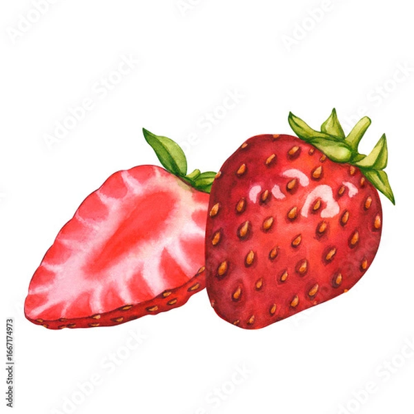 Obraz Whole strawberries and halves of berries. Watercolor illustration of Strawberries and half berry isolated. Ripe sliced strawberries clip art for tea, jam, cosmetics label. Ripe red berry hand painted