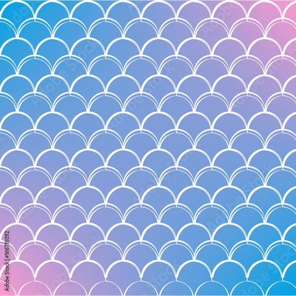 Fototapeta Fish skin on trendy gradient background. Square backdrop with fish skin ornament. Bright color transitions. Mermaid tail banner and invitation. Underwater and sea pattern. Blue, purple, pink colors.