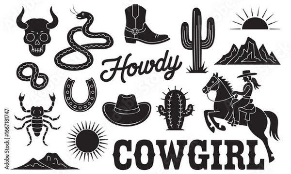 Fototapeta Wild West Silhouette Vector Set with Cowgirl and Desert Icons for Western Themes and Designs