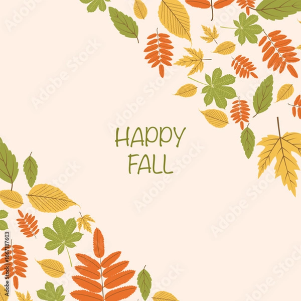 Fototapeta Autumn themed card with collection of different leaves on beige background with text. Vector illustration for social media, banners