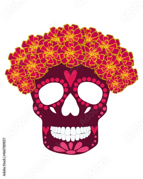 Fototapeta Day of the Dead skull with ornate patterns in a wreath of marigolds, a symbol for a traditional Mexican holiday