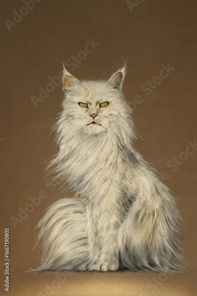 Obraz Hand-drawn illustration of a white longhaired Main Coon cat