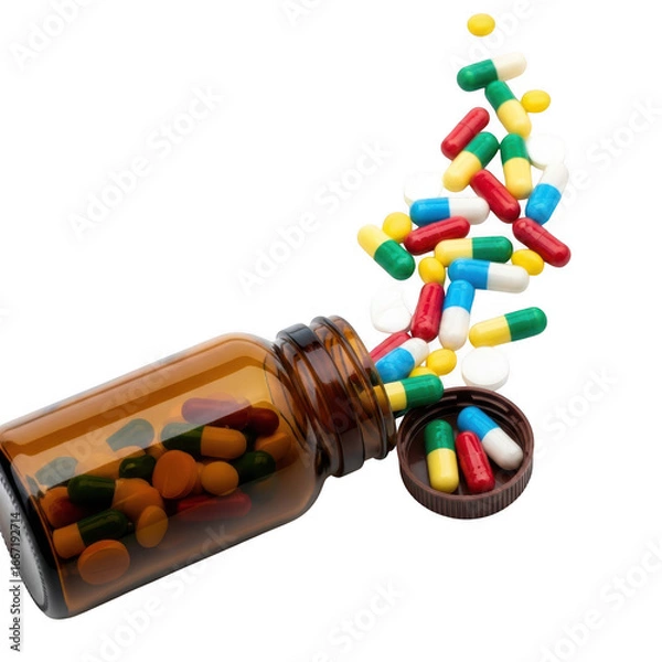 Obraz Bottle of colorful pills spilling out capturing motion and vitality transparent background
