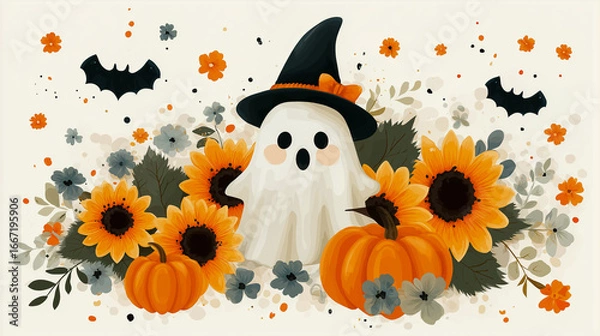 Fototapeta かぼちゃと花に囲まれたポップなハロウィン背景