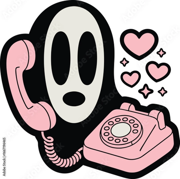 Fototapeta Ghost calling on a pink telephone with hearts icon for spooky message vector illustration
