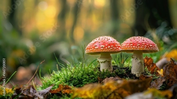 Fototapeta Two red mushrooms in forest setting with moss and sunlight in natural woodland environment