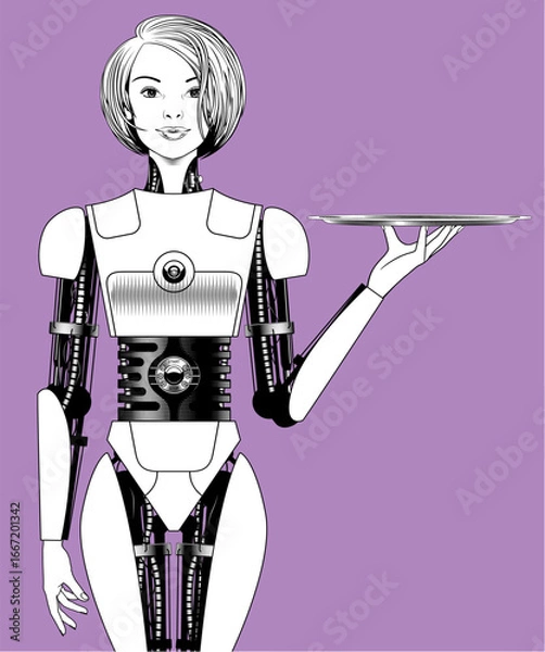 Fototapeta In front stands a beautiful blonde biorobot girl, pulled up to her waist, with a round tray in her hand. Vector realistic illustration in black and white line engraved drawing style