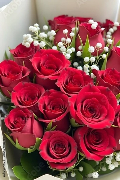 Fototapeta This bouquet of red roses with white baby's breath is classic, romantic, and visually striking 