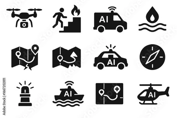Fototapeta Ai route navigation drone vector emer safety helicopter disaster icon fire