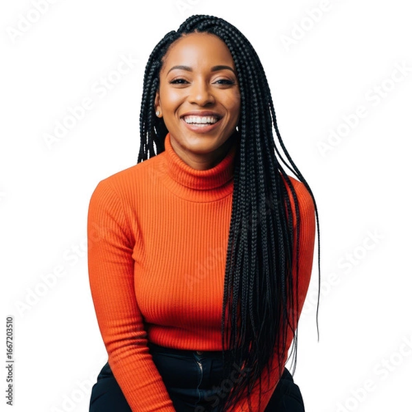 Obraz Smiling young woman with braids wearing an orange turtleneck sweater transparent background