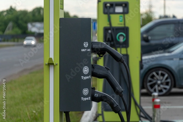 Fototapeta Electric vehicle charging station located along a highway with multiple connector options for different car models