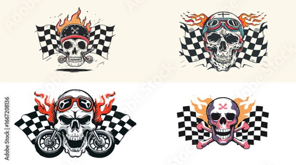 Fototapeta Vintage skull racing emblems with flaming helmets and checkered flags, retro biker style tattoo vector illustration, perfect for motorcycle club and racing designs.