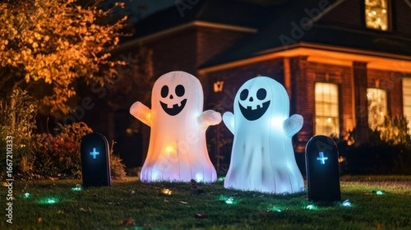 Fototapeta Two inflatable ghosts and tombstones decorate a lawn for halloween