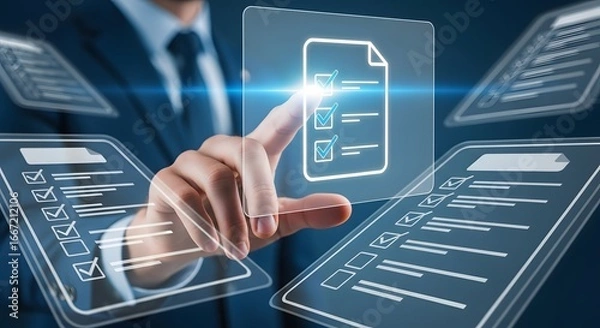 Fototapeta Electronic signature and digital contract approval. Task validation and electronic documentation. Businessman checking off items on a virtual compliance form.
