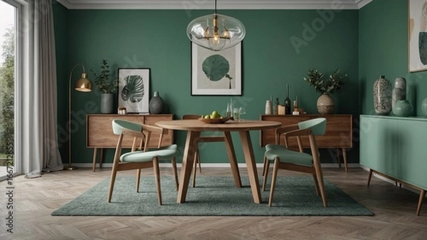 Fototapeta Modern dining room featuring a round wooden table and green accents, creating a cozy and inviting atmosphere.