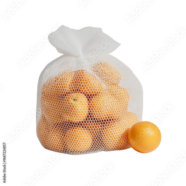 Obraz a white mesh bag filled with oranges on a transparent background