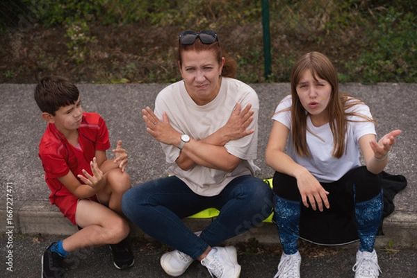 Fototapeta The children are arguing among themselves and the mother asks them to stop and calm down. A family group with mother and two children expressing animated emotions while sitting outdoors