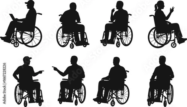 Fototapeta Wheelchair silhouette, diverse activities, disabled person clipart, black vector art, inclusive posture, accessibility icons, daily life, gesture illustration
