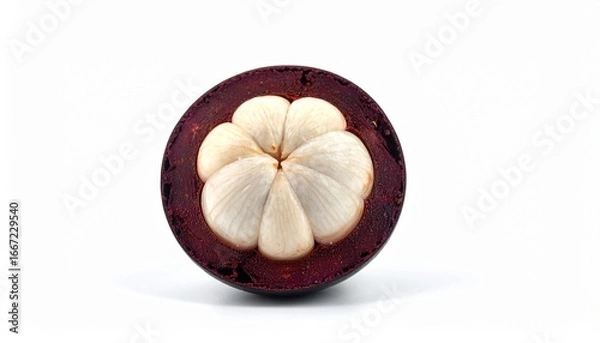 Fototapeta Close-up of a halved mangosteen fruit, showcasing its white segments and purple rind.