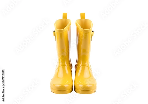 Obraz Pair of vibrant yellow rain boots stands out against a stark black background.