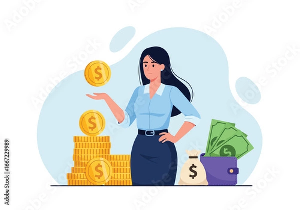 Fototapeta Vector art of a businesswoman confidently managing finances, surrounded by stacks of gold coins, cash, and a wallet, symbolizing wealth, investment, and financial success in a modern flat illustration
