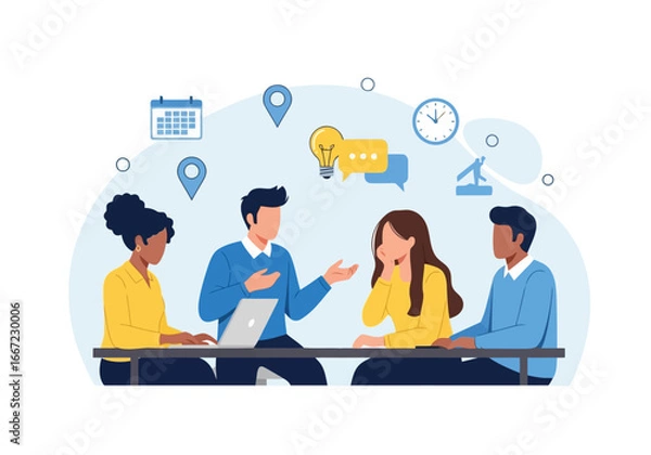 Fototapeta Vector art of a diverse team of professionals engaged in a collaborative meeting, discussing ideas and planning strategies around a table with a laptop, symbolizing teamwork and business success