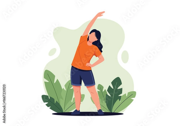Fototapeta Vector art of a woman performing a stretching exercise, promoting a healthy and active lifestyle with a focus on wellness and physical activity