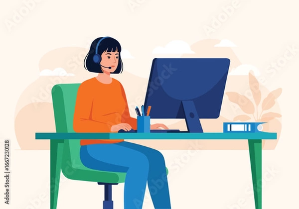 Fototapeta Vector art of woman wearing a headset working on a desktop computer at a desk in an office setting, illustration in flat design style