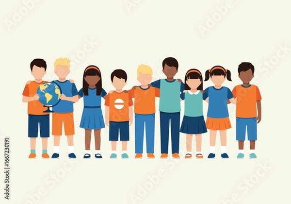 Fototapeta Vector art of diverse group of children holding a globe, representing global unity, friendship, and international community