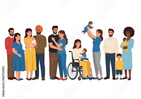 Fototapeta Vector art of a diverse group of families and individuals, including a pregnant woman and a person in a wheelchair, celebrating togetherness and inclusion
