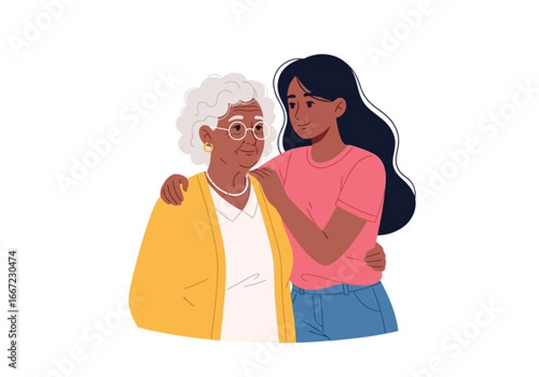 Fototapeta Vector art of a caring granddaughter comforts her elderly grandmother, showing a strong intergenerational bond of love, support, and understanding between family members